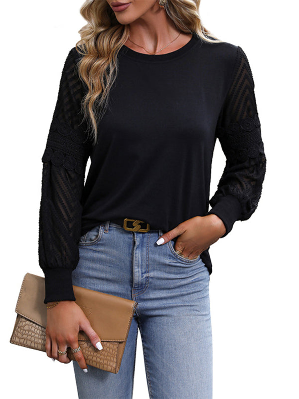 Sheer Lace Contrast Pullover - Round Neck Blouse Blouses - Chuzko Women Clothing