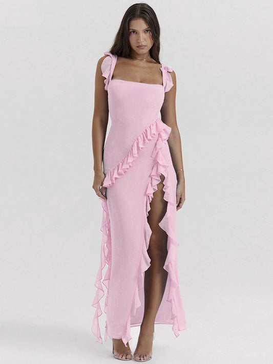 Ruffle Side Slit Dress Gown - Chuzko Women Clothing