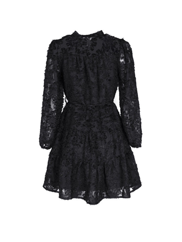 Jacquard Tiered Button Flounce Sleeve Belted Dress Jacquard Dresses - Chuzko Women Clothing