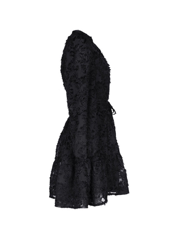 Jacquard Tiered Button Flounce Sleeve Belted Dress Jacquard Dresses - Chuzko Women Clothing