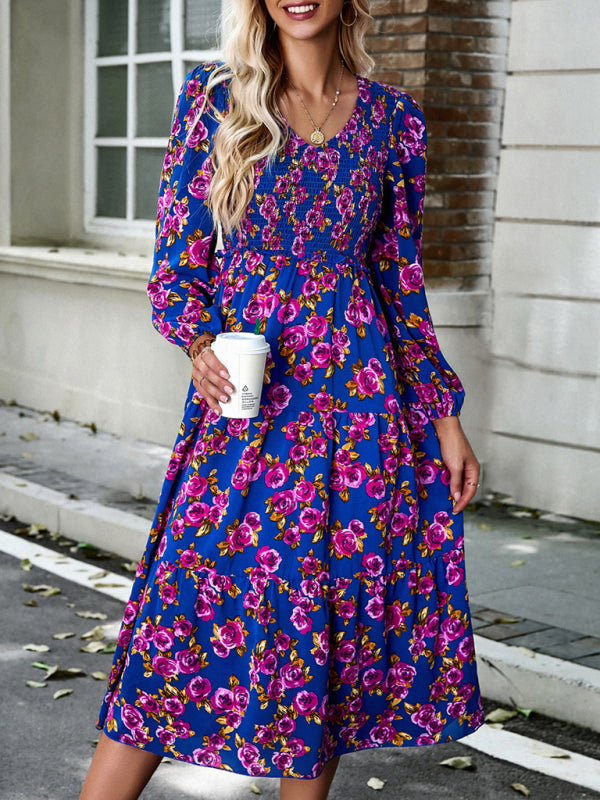 Floral Smocked Tiered Long Sleeve Midi Dress Floral Dresses - Chuzko Women Clothing