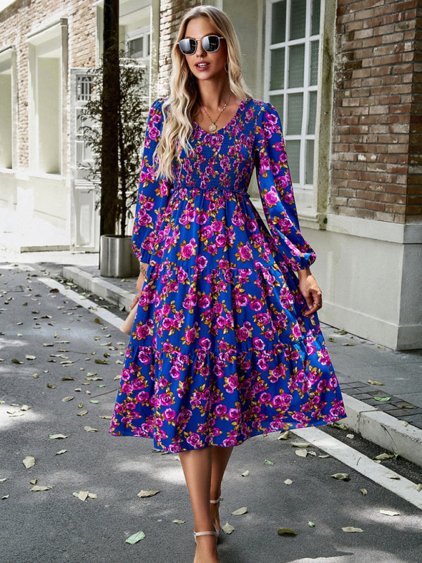 Floral Smocked Tiered Long Sleeve Midi Dress Floral Dresses - Chuzko Women Clothing