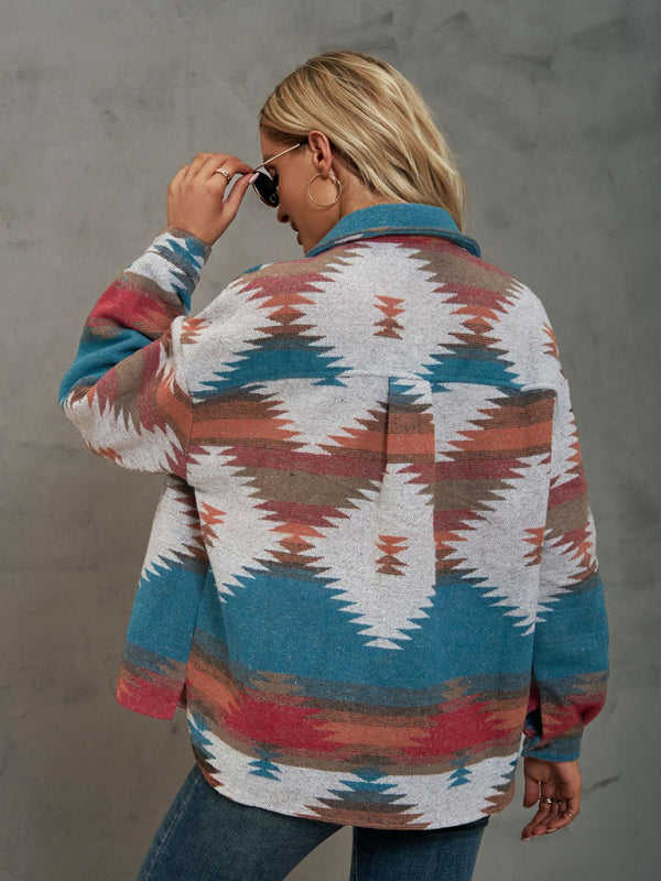 Aztec Print Wool Cotton Shirt Jacket - Shacket Jackets - Chuzko Women Clothing