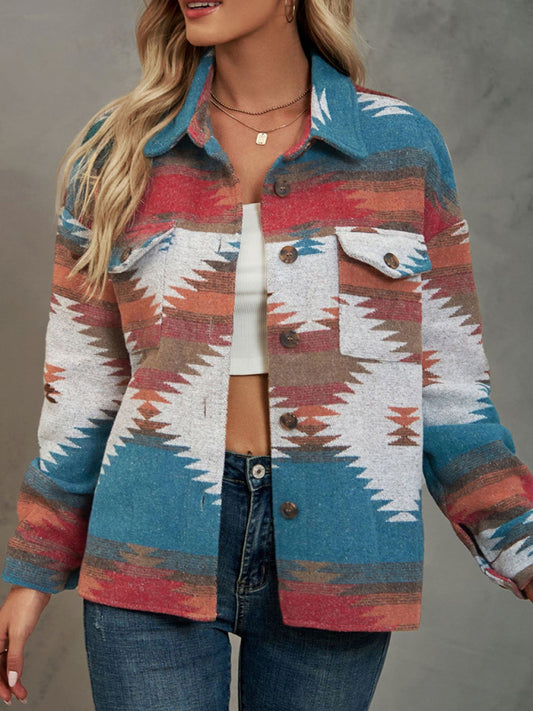 Aztec Print Wool Cotton Shirt Jacket - Shacket Jackets - Chuzko Women Clothing