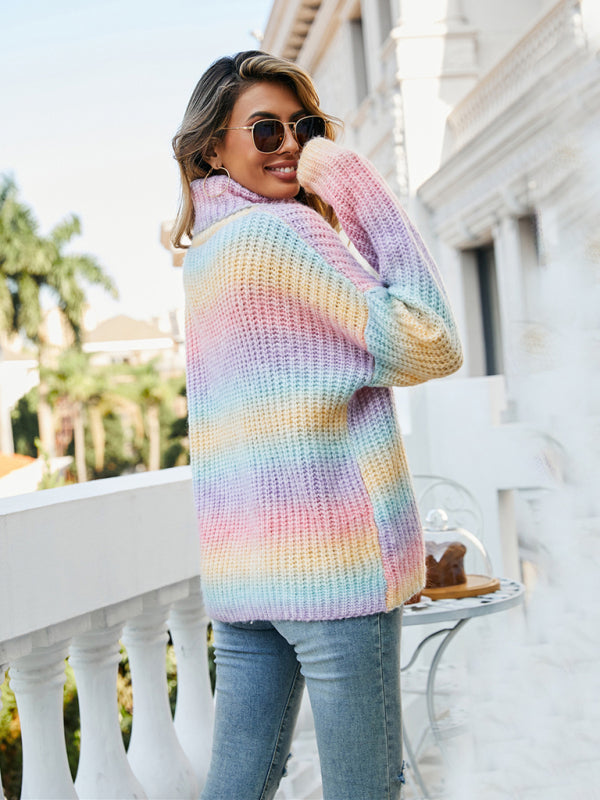 Knitting Rainbow Turtle Neck Sweater Sweaters - Chuzko Women Clothing