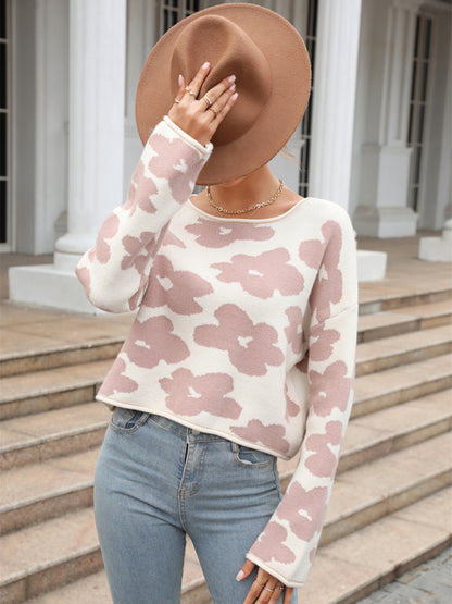 Floral Knitted Cozy Crop Pullover Sweater Crop Sweaters - Chuzko Women Clothing