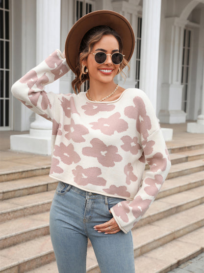 Floral Knitted Cozy Crop Pullover Sweater Crop Sweaters - Chuzko Women Clothing