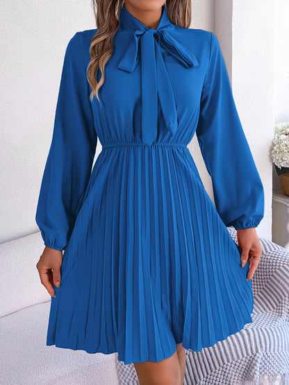 Fall-Winter Solid High Neck Bishop Sleeve Pleated Dress Pleated Dresses - Chuzko Women Clothing