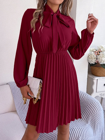 Fall-Winter Solid High Neck Bishop Sleeve Pleated Dress Pleated Dresses - Chuzko Women Clothing