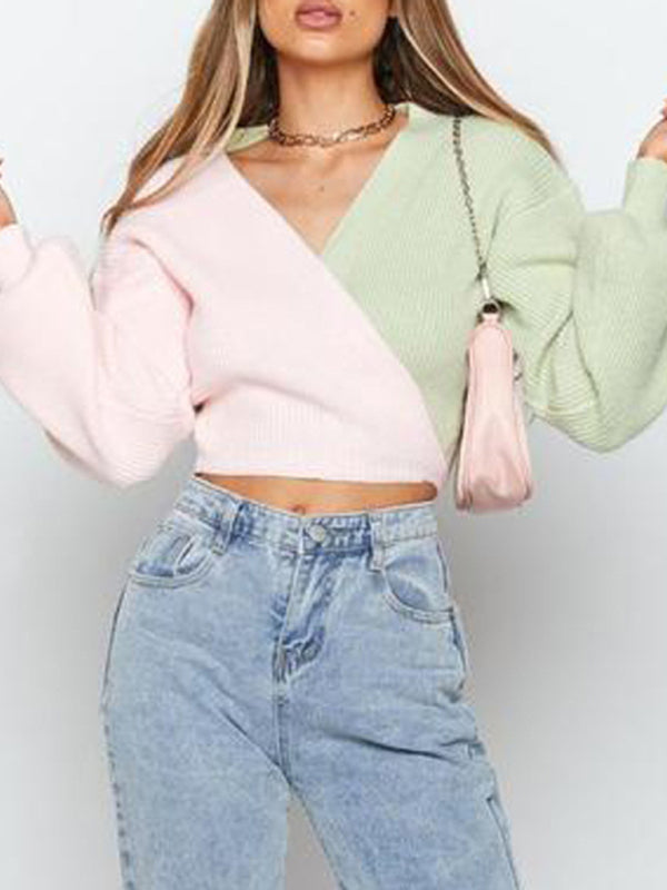 Pastels Patchwork Knit Surplice V-Neck Crop Sweater Sweaters - Chuzko Women Clothing