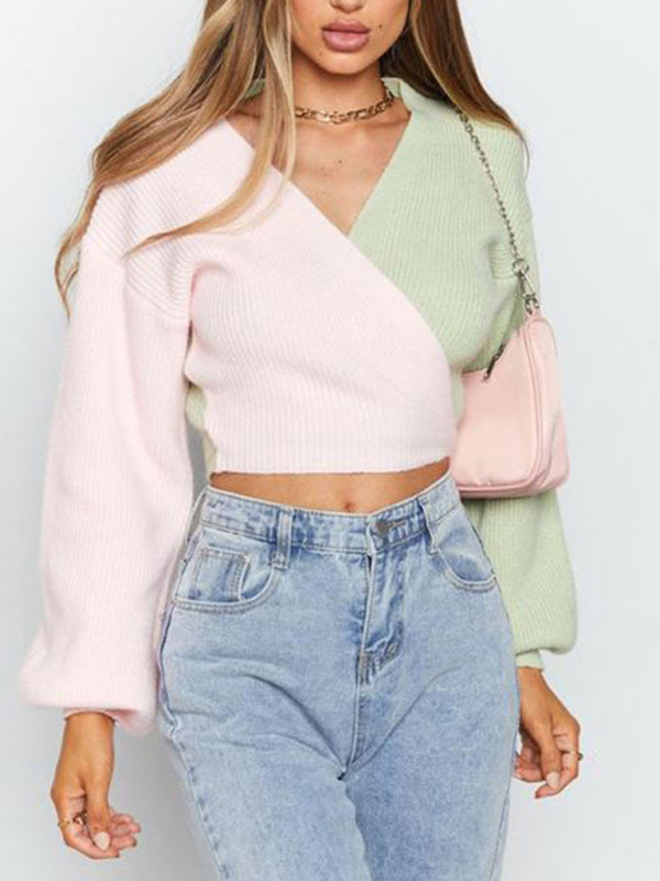 Pastels Patchwork Knit Surplice V-Neck Crop Sweater Sweaters - Chuzko Women Clothing