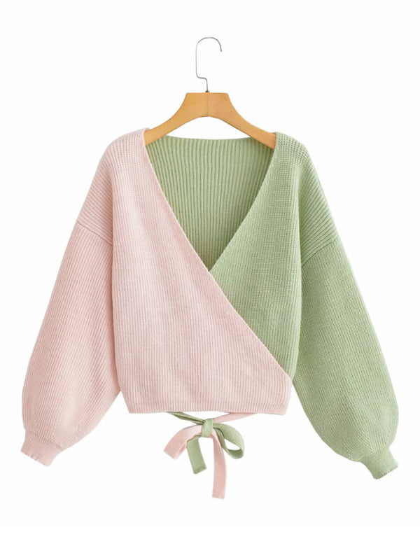 Pastels Patchwork Knit Surplice V-Neck Crop Sweater Sweaters - Chuzko Women Clothing