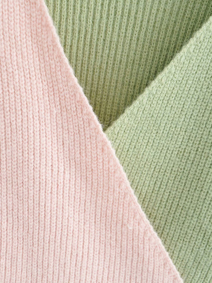 Pastels Patchwork Knit Surplice V-Neck Crop Sweater Sweaters - Chuzko Women Clothing