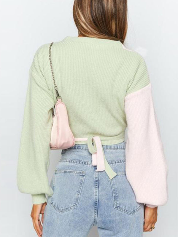 Pastels Patchwork Knit Surplice V-Neck Crop Sweater Sweaters - Chuzko Women Clothing