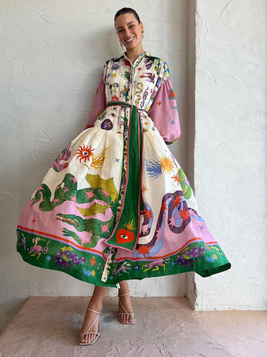 Colorful Print Balloon Sleeve Shirt Maxi Dress Long Dresses - Chuzko Women Clothing