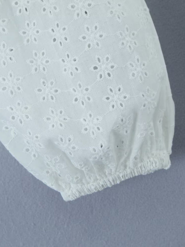 Embroidered Cotton Eyelet Backless Long Sleeve Vacay Dress Mini Dresses - Chuzko Women Clothing