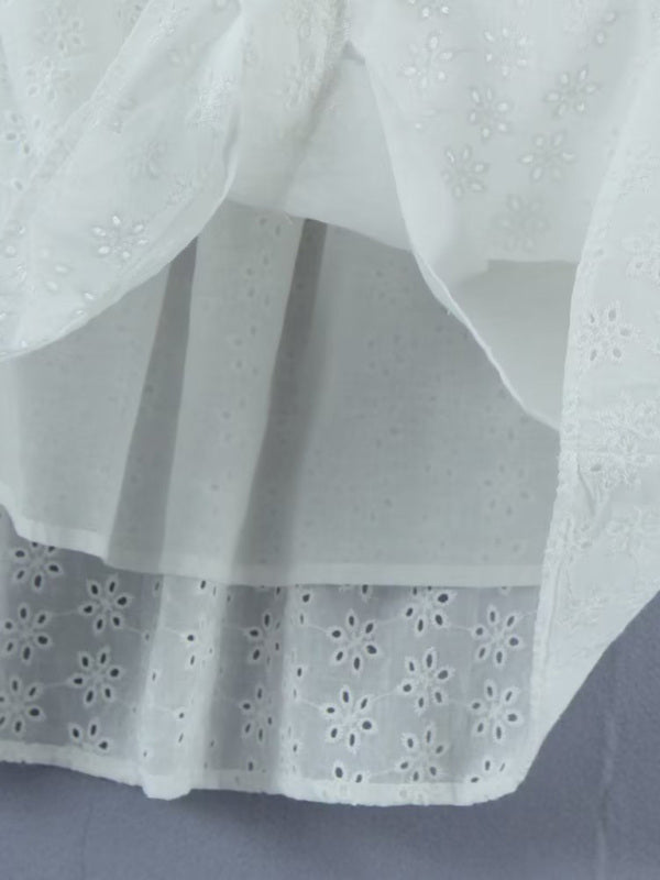 Embroidered Cotton Eyelet Backless Long Sleeve Vacay Dress Mini Dresses - Chuzko Women Clothing