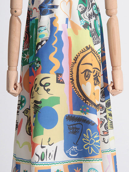 Cartoon Print Cotton Blend Cami Maxi Dress Cami Maxi Dresses - Chuzko Women Clothing