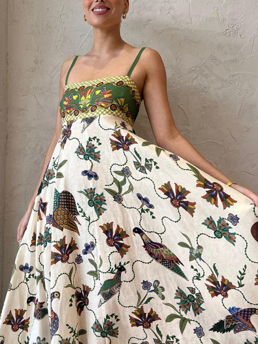 Birded-Printed Cotton-Linen Cami Maxi Dress Cami Dresses - Chuzko Women Clothing