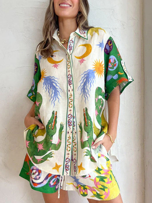 Graphic Print Cotton-linen Hawaii Shirt + Shorts Suit Lounge Set - Chuzko Women Clothing