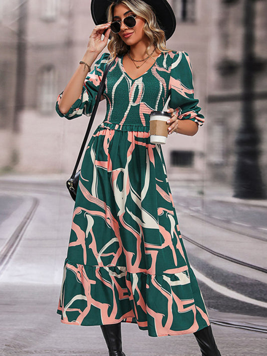 Abstract Print Smocked Ruffle Long Sleeve Midi Dress Midi Dresses - Chuzko Women Clothing