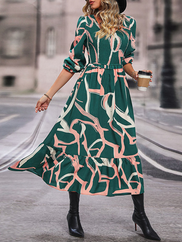 Abstract Print Smocked Ruffle Long Sleeve Midi Dress Midi Dresses - Chuzko Women Clothing