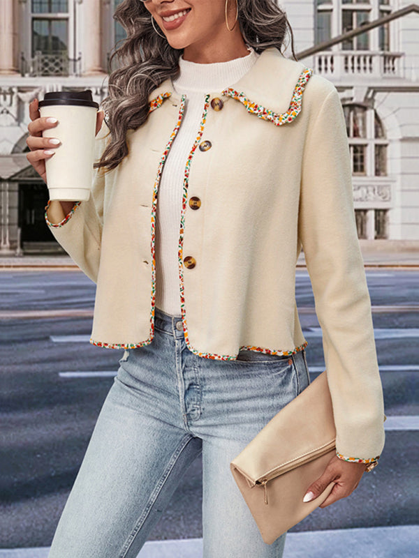 Textured Contrast Binding Collar Crop top Crop Jacket - Chuzko Women Clothing