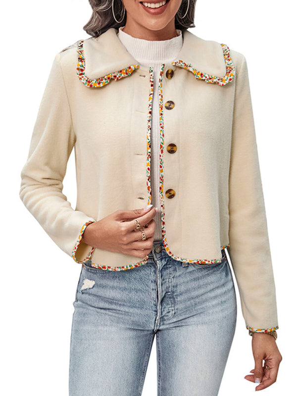 Textured Contrast Binding Collar Crop top Crop Jacket - Chuzko Women Clothing