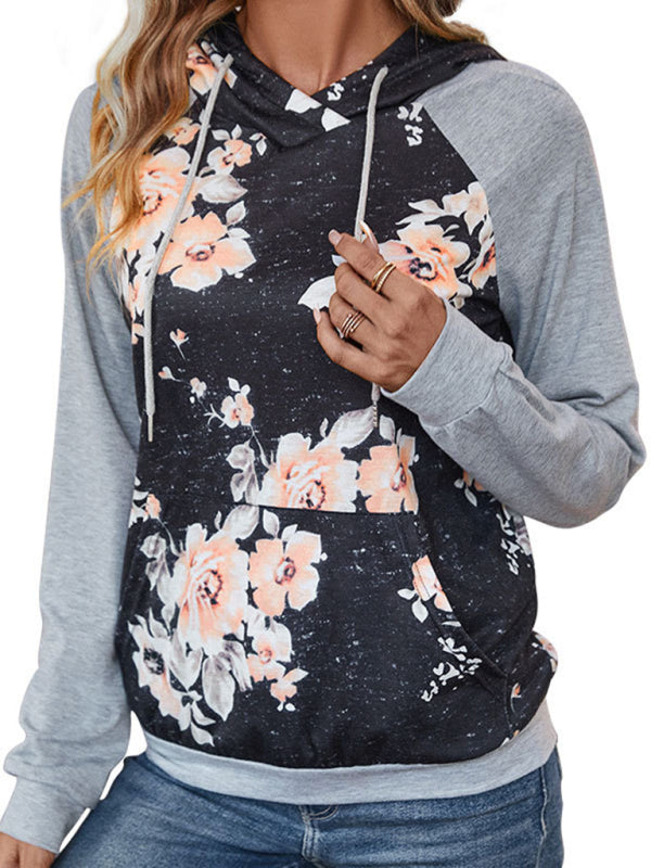 Patched Floral Print Kangaroo Pocket Hoodie Sweatshirt Hoodies - Chuzko Women Clothing