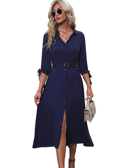 Solid Button-Up 3/4 Sleeve Belted Midi Dress Shirt Dresses - Chuzko Women Clothing