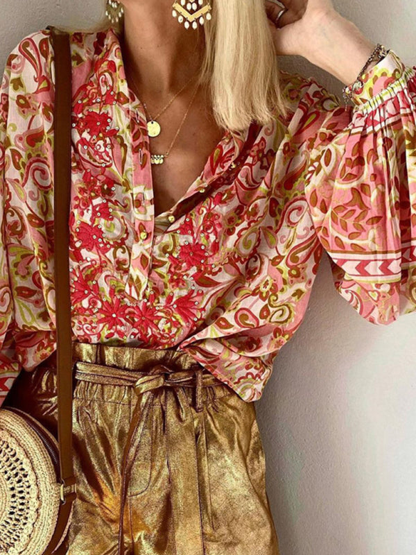 Elegant Colorful Gold Button Balloon Sleeve Shirt Blouse Blouses - Chuzko Women Clothing