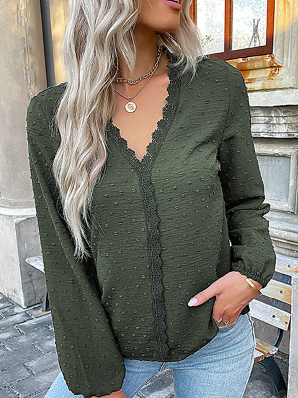 Swiss Dot Lace V Neck Long Sleeve Blouse Blouses - Chuzko Women Clothing