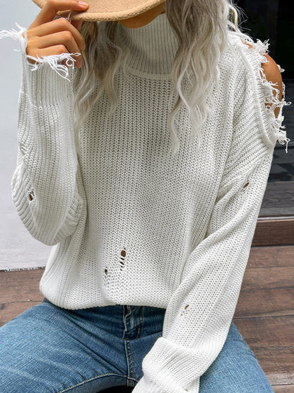 Frayed Knitted Turtleneck Sweater Ripped Sweaters - Chuzko Women Clothing
