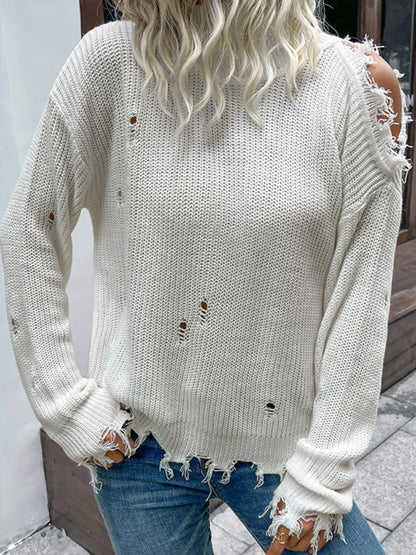 Frayed Knitted Turtleneck Sweater Ripped Sweaters - Chuzko Women Clothing