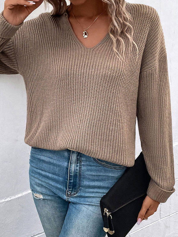 Waffle Knitted Drop Shoulder Sweater Sweaters - Chuzko Women Clothing
