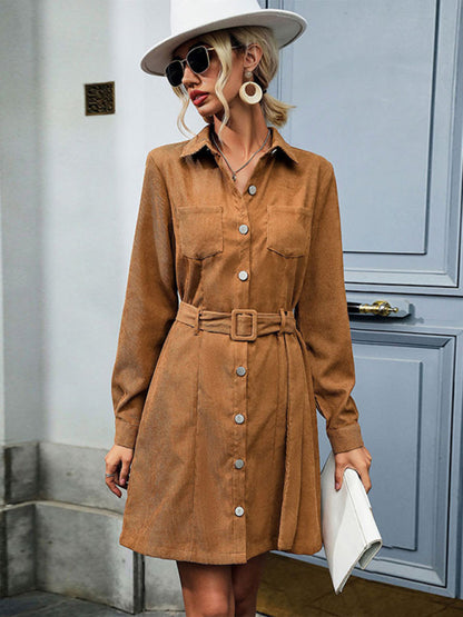 Solid Corduroy Long Sleeve Belted Shirt Dress Corduroy Dresses - Chuzko Women Clothing