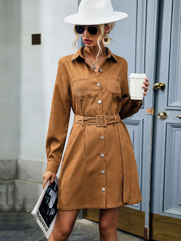 Solid Corduroy Long Sleeve Belted Shirt Dress Corduroy Dresses - Chuzko Women Clothing