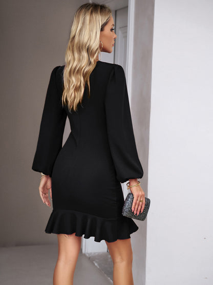Elegant Solid Bodycon Ruffle Long Sleeve Dress Bodycon Dresses - Chuzko Women Clothing