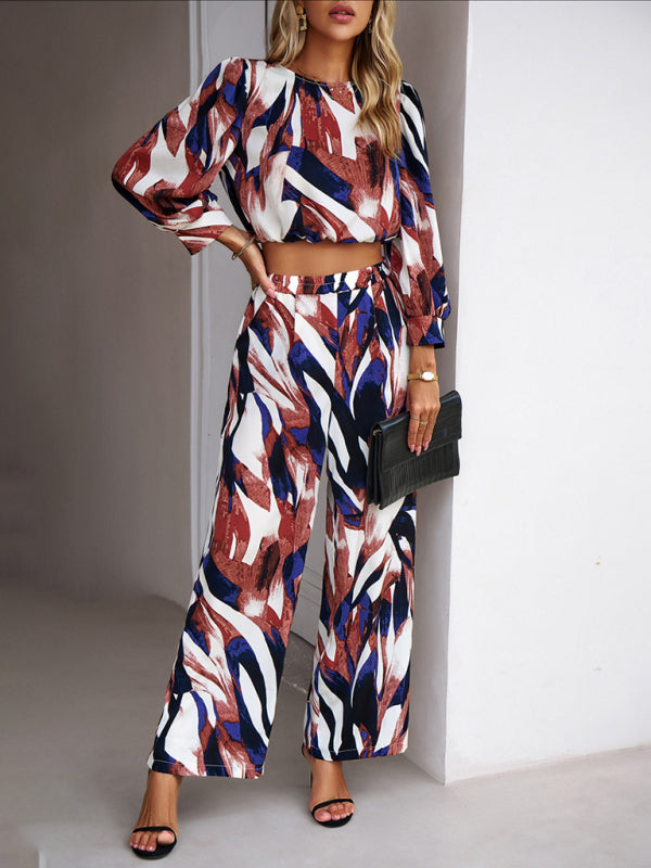 Abstract Print Set Straight Pants & Crop Long Sleeve Blouse Pants Set - Chuzko Women Clothing