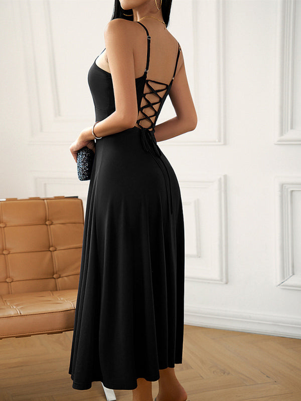 Solid Elegant A-Line Open Back Cami Long Dress Cami Dresses - Chuzko Women Clothing