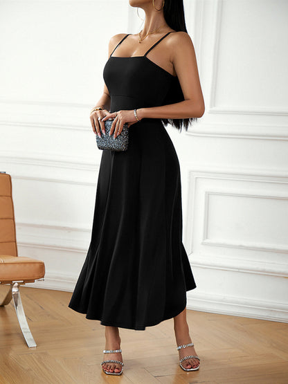 Solid Elegant A-Line Open Back Cami Long Dress Cami Dresses - Chuzko Women Clothing