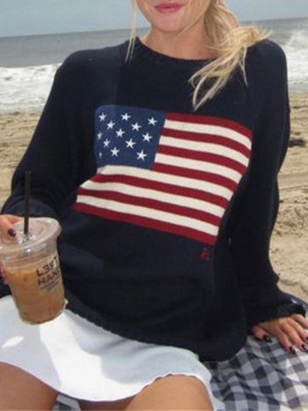 Knitting American Flag Patriot Sweater Sweaters - Chuzko Women Clothing