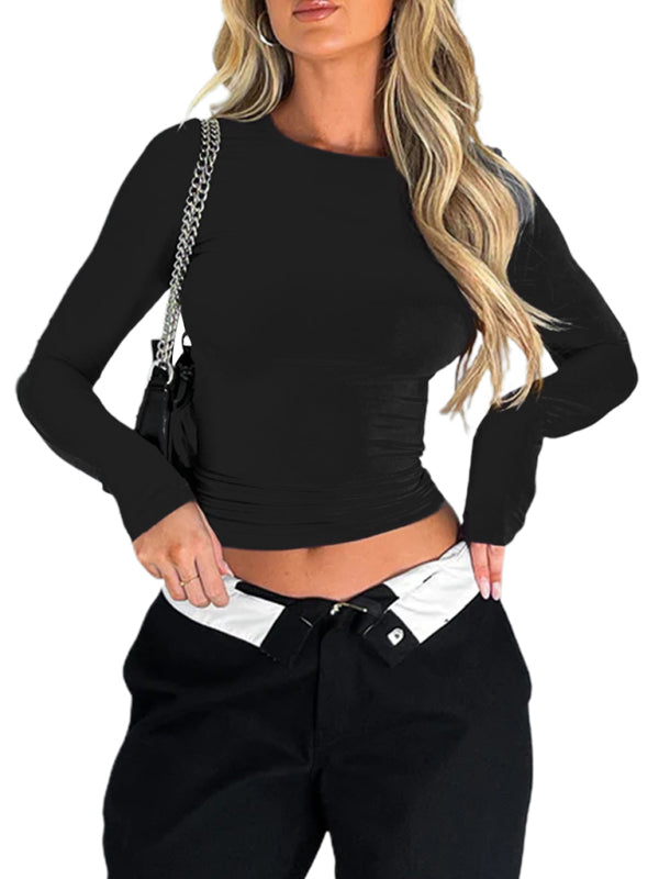 Solid Fitted Long Sleeve T-Shirt Blouse Fifted T-Shirts - Chuzko Women Clothing