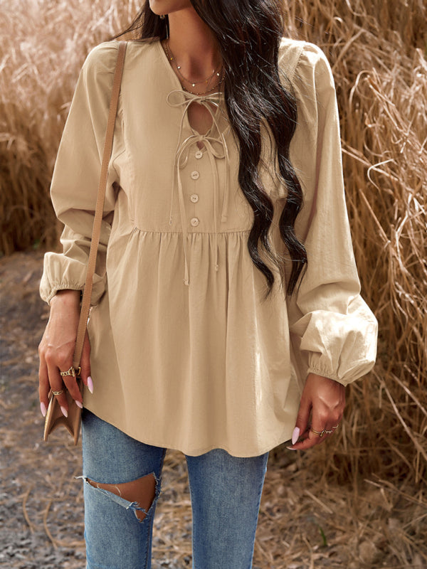 Textured Cotton Long Sleeve V-Neck Peplum Blouse Blouses - Chuzko Women Clothing