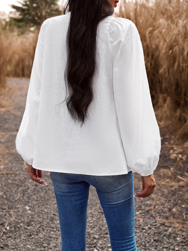 Textured Cotton Long Sleeve V-Neck Peplum Blouse Blouses - Chuzko Women Clothing