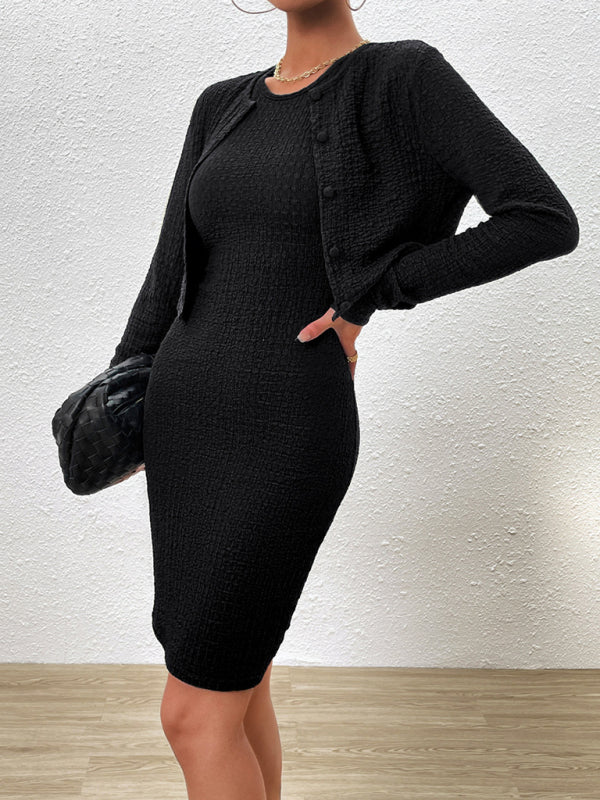 Textured Bodycon Dress and Cardigan Ensemble for Dinners Bodycon Dresses - Chuzko Women Clothing