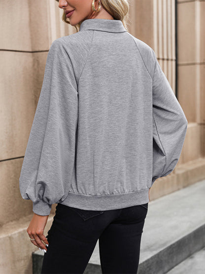 Solid Balloon Sleeve Kangaroo Pocket Collar Sweatshirt Sweatshirts - Chuzko Women Clothing