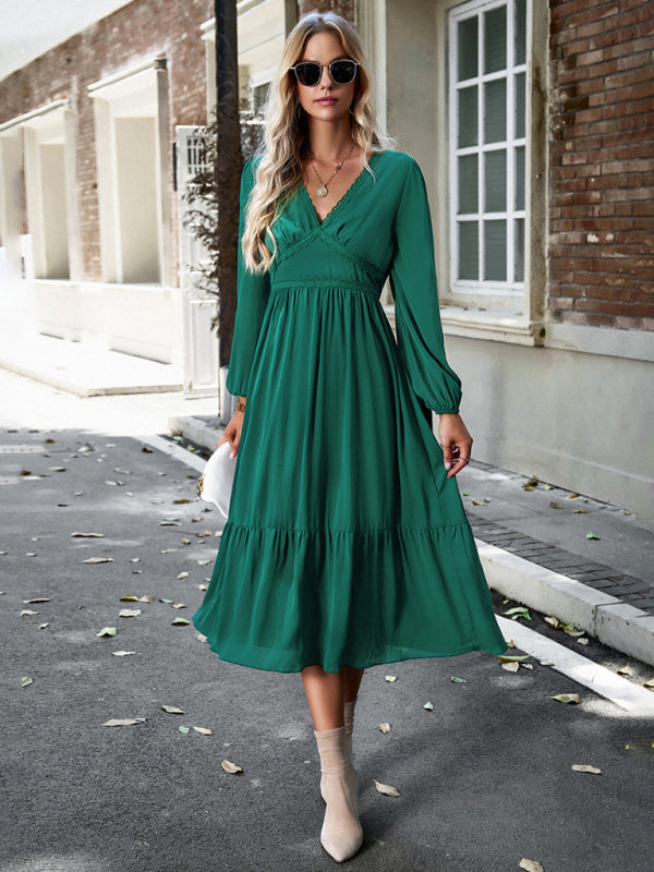 Solid Lantern Sleeve Tiered Lace V-Neck Midi Dress Midi Dresses - Chuzko Women Clothing