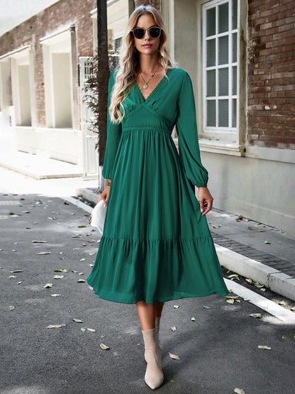 Solid Lantern Sleeve Tiered Lace V-Neck Midi Dress Midi Dresses - Chuzko Women Clothing