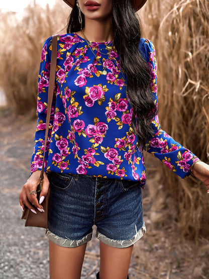 Floral Puff Long Sleeve Blouse Blouses - Chuzko Women Clothing